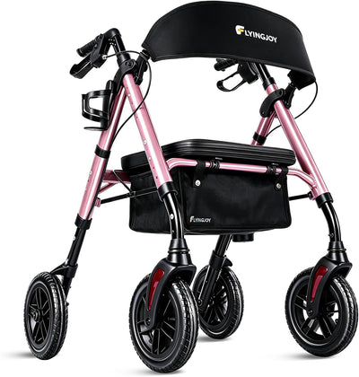 Lightweight Rollator Walker with Seat & Backrest - Foldable Mobility Aid for Seniors, 8" Large Airless Tires