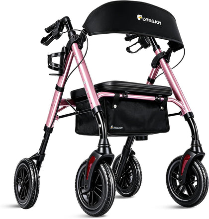Lightweight Rollator Walker with Seat & Backrest - Foldable Mobility Aid for Seniors, 8" Large Airless Tires