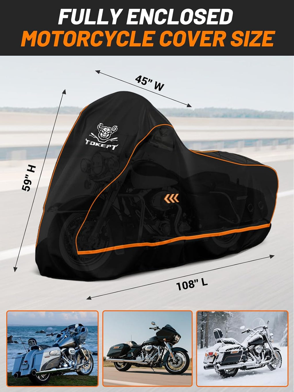 Full Enclosed Motorcycle Cover, 600D Heavy Duty Waterproof Motorcycle Cover with Reflective Strips & Vents, Fits Fits