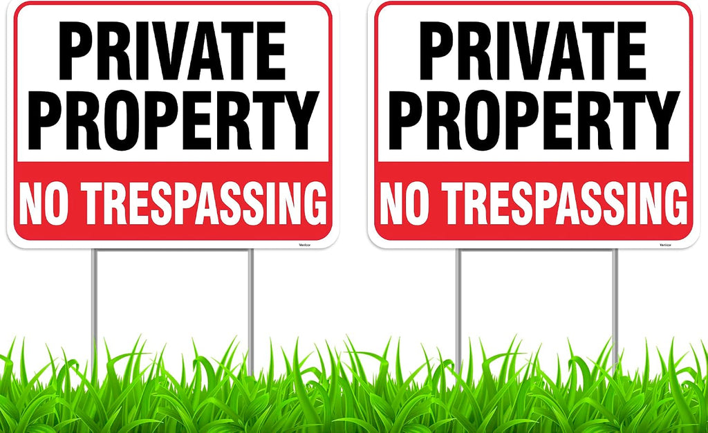 2PC Private Property No Trespassing Sign with Metal Stakes, 17"x13" - Corrugated Plastic - No Trespass Keep Out