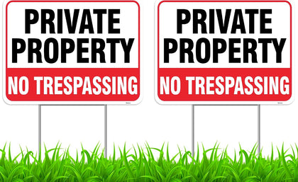 2PC Private Property No Trespassing Sign with Metal Stakes, 17"x13" - Corrugated Plastic - No Trespass Keep Out