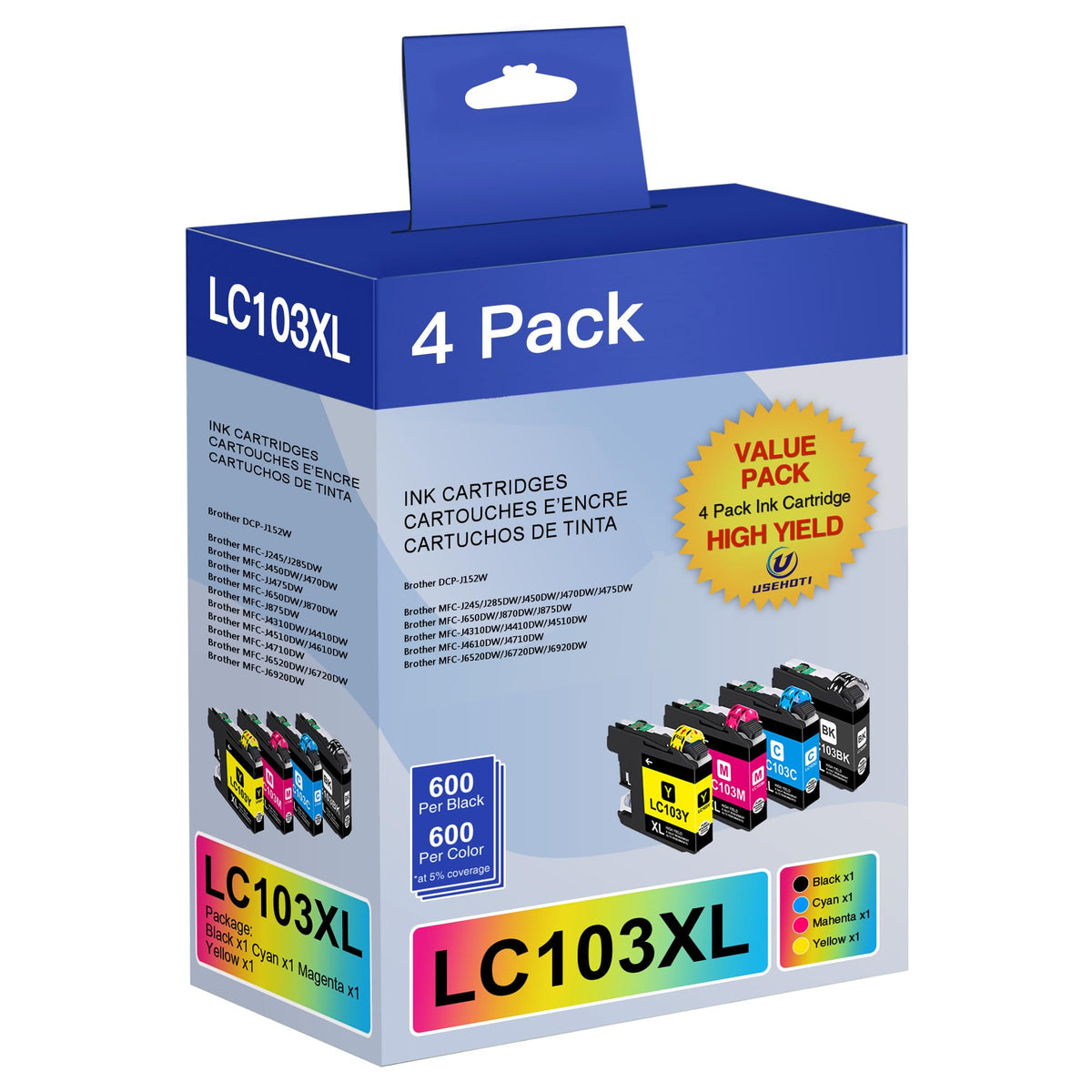 LC103XL Ink Cartridges Compatible for Brother LC103, 4-Pack
