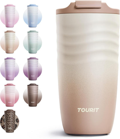 16 oz Travel Coffee Mug, Vacuum Insulated Stainless Steel Tumbler with Ripple-Wave Anti-Slip Grip, Built-in Silicone