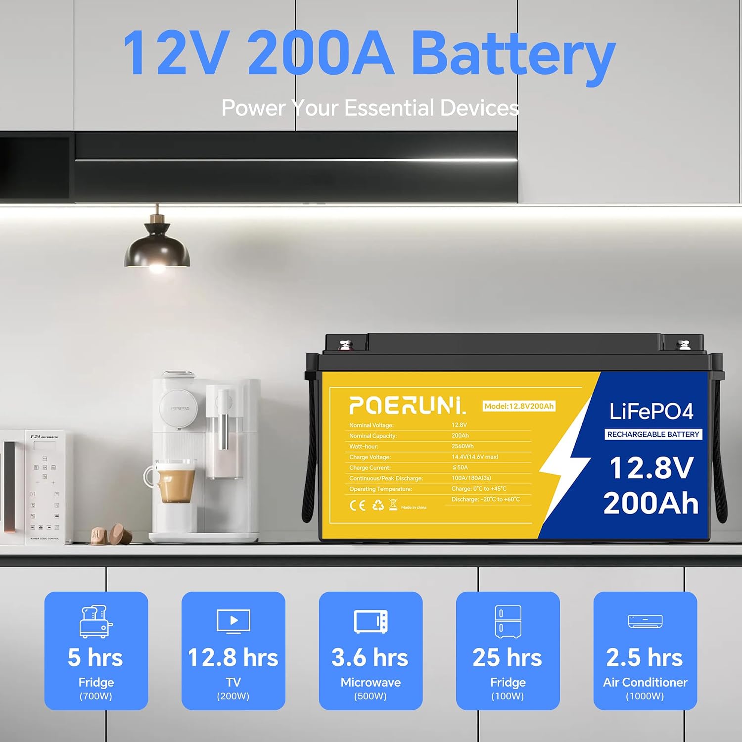 12.8V 200Ah LiFePO4 Battery, Lithium Iron Phosphate Deep Cycle Battery for RV, Solar, Marine, Trolling Motor, 2560Wh