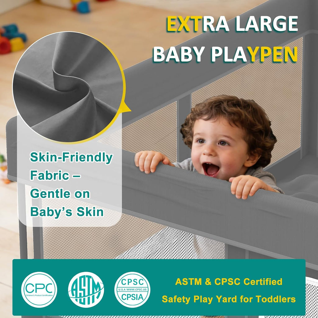 Foldable Baby Playpen, 48"×48" Play Yard for Toddlers, Portable & Collapsible Playpen with Gate, ASTM & CPSC