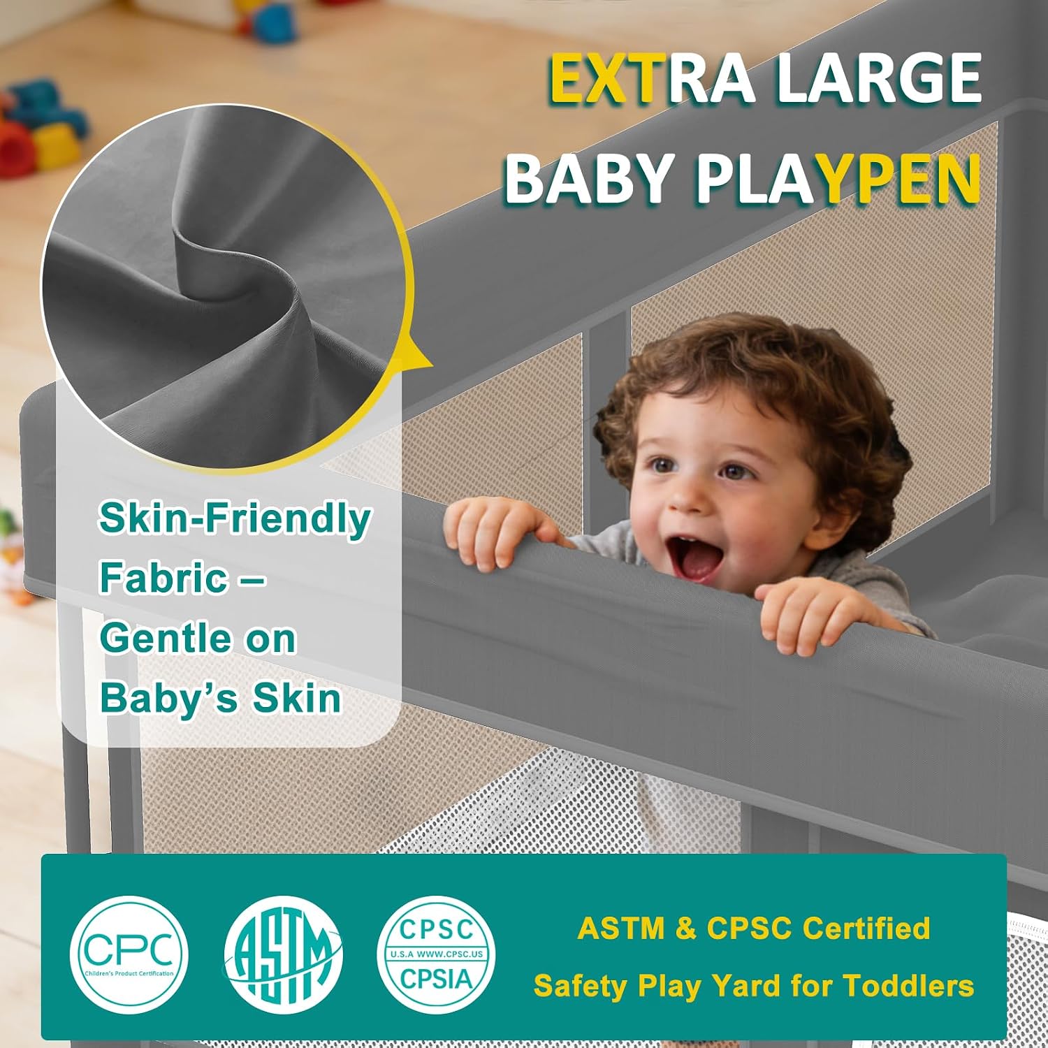 Foldable Baby Playpen, 48"×48" Play Yard for Toddlers, Portable & Collapsible Playpen with Gate, ASTM & CPSC