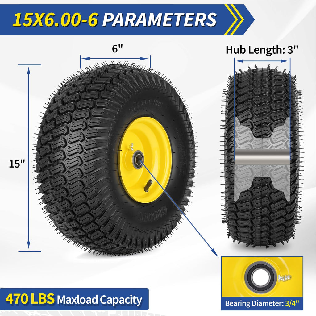 GICOOL 15x6.00-6 Lawnmower Front Tire Wheel, for Riding Mower Tractor, 2PK