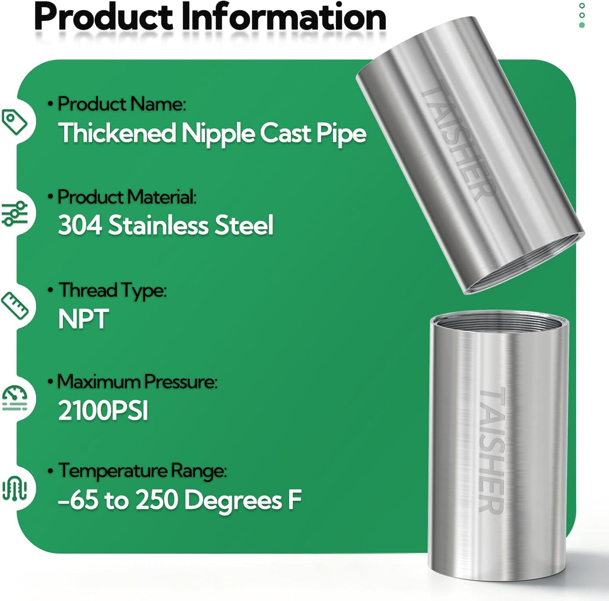 TAISHER 1Pcs Thickened Nipple Cast Pipe 2" NPT Female, 6" Length