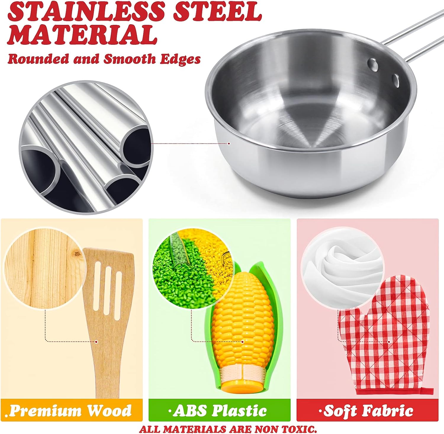 Kids Pretend Play Kitchen Toys Accessories Set, 32 Items Stainless Steel Toy Pots and Pans Sets w/ Rack Organizer