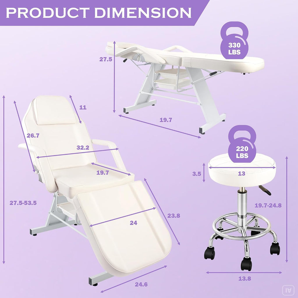 Esthetician Bed Tattoo Chair for Artists w/ 2Tray&Rolling Stool
