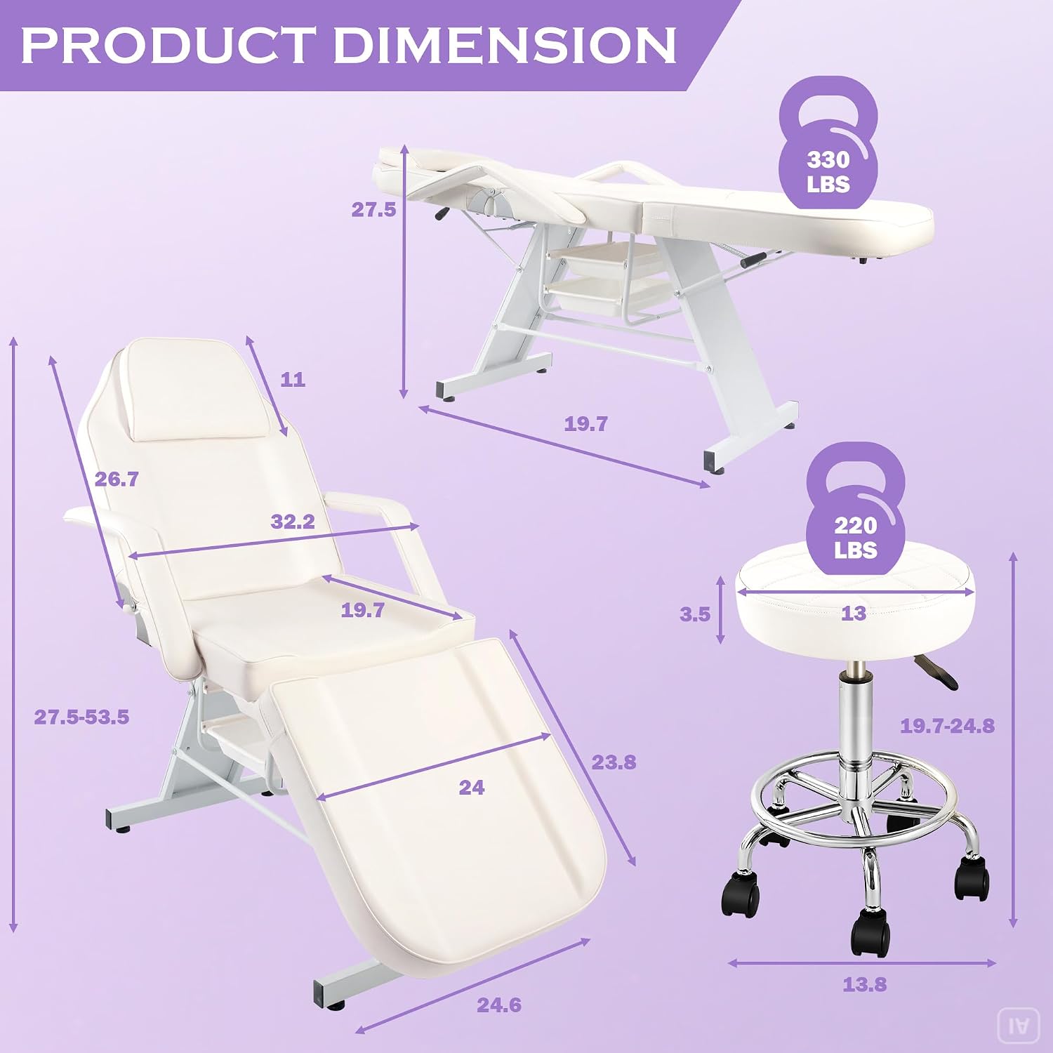 Esthetician Bed Tattoo Chair for Artists w/ 2Tray&Rolling Stool