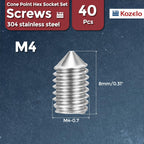 Kozelo 40pcs Cone Point Socket Set Screws-M4-0.7x8mm 18-8 Stainless Steel