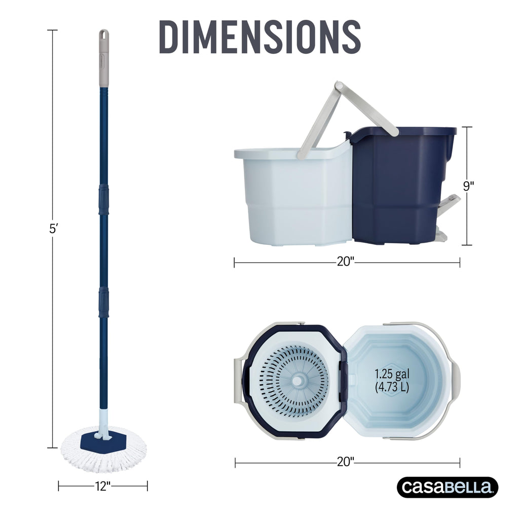 Spin Mop System with Extra Mop Head Refill - Two-Bucket Design with Splash Guard Built-in Measuring Cup and Scraper