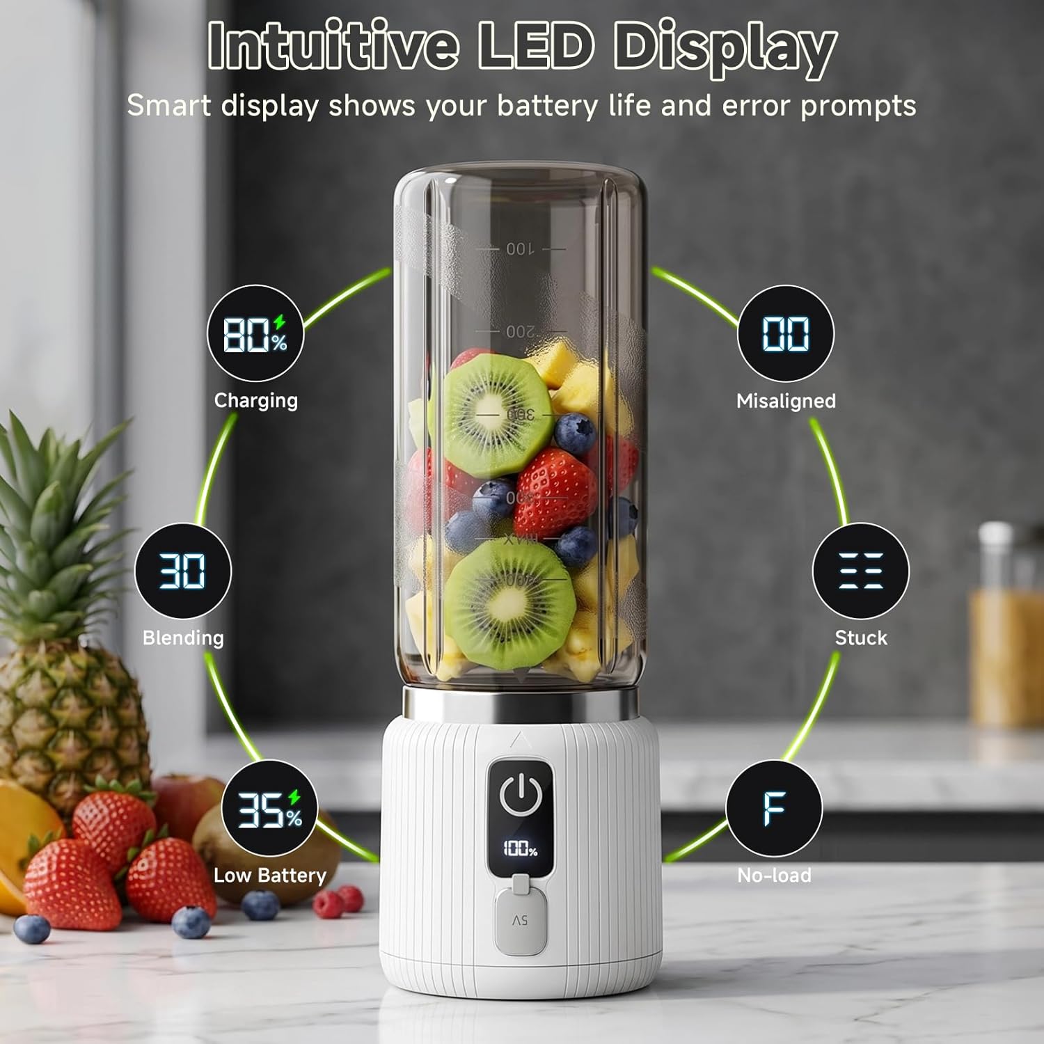 Portable Blender, Smoothie Blender with LED Display, 17 oz, White | 8 Blades, LED Display, USB-C Charging, Blender