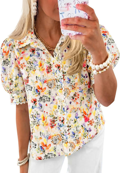 Womens Summer Floral Tops Puff Sleeve Button Down Loose Blouses