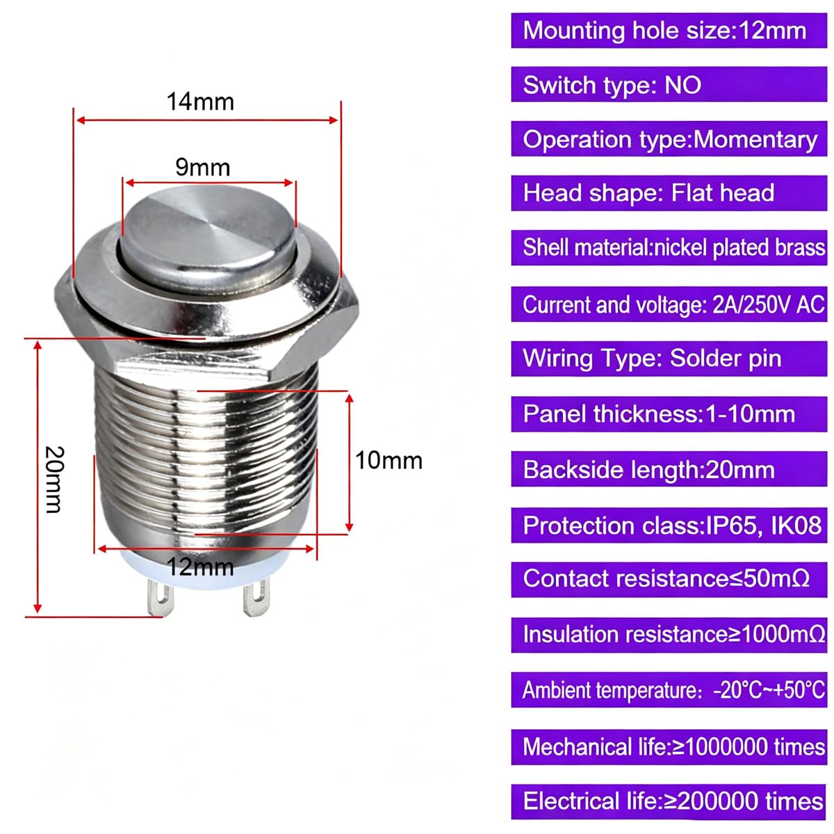 Gebildet 10pcs Waterproof Push Button Momentary Stainless Steel Push Button On Off 12mm 2A 12V/24V/125V/250V(High Head)