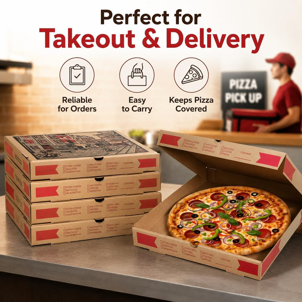 12" x 12" x 2" Corrugated Pizza Boxes | Bulk Pack (10) - Brown Kraft Grease Resistant Takeout Containers | Heavy Duty