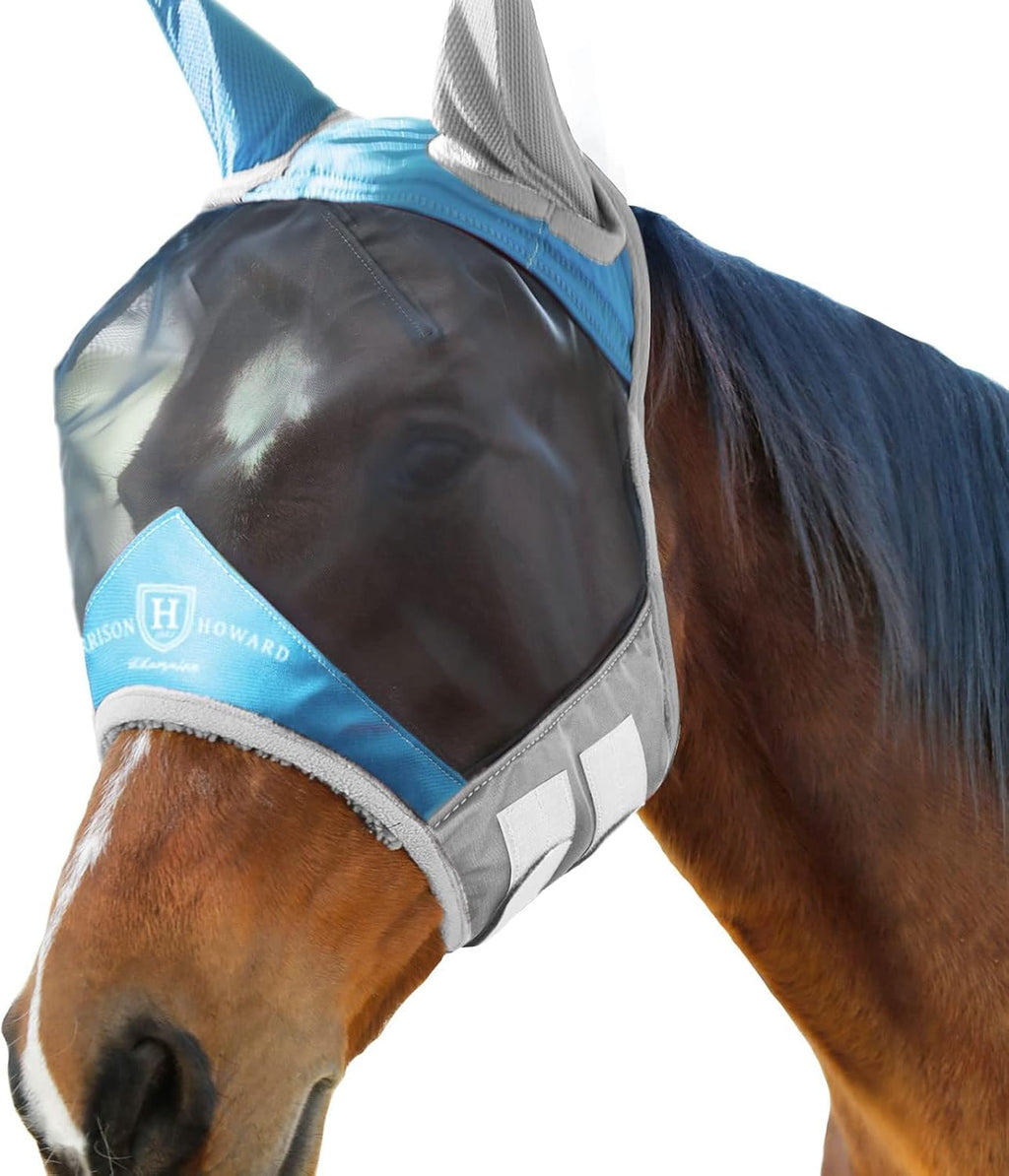 Pro Luminous Horse Fly Mask Standard with Ears UV Protection for Horse Azure Blue/Silver Large Full Size