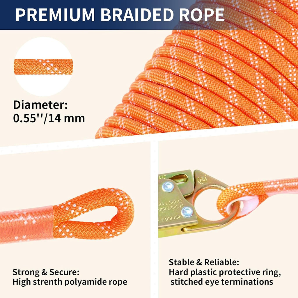100FT Fall Protection Safety Rope, Heavy Duty Vertical Roofing Rope | Rope Harness Safety Lanyard with Grab Snap