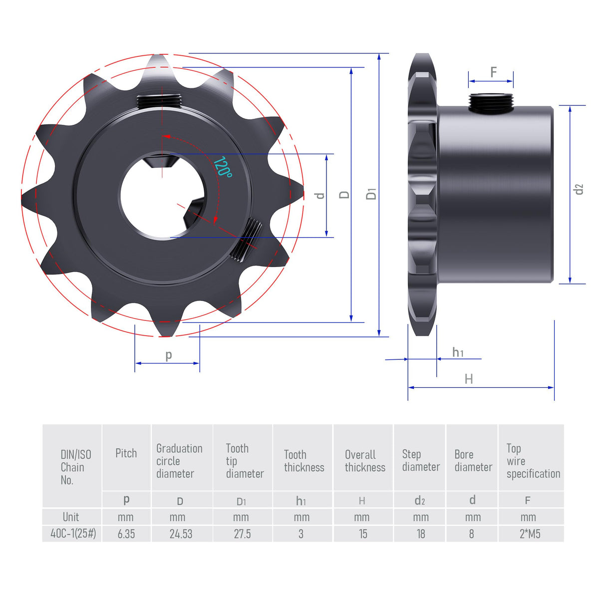 FOCMKEAS 12 Tooth Roller Chain Sprocket, 25 Chain, 8mm Bore