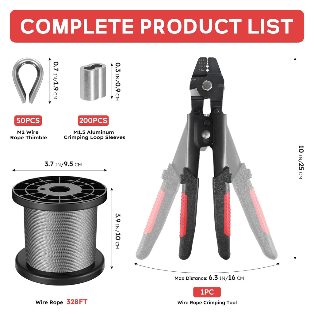 KALLSDY 328FT 1/16" Wire Rope Crimping Tool Kit for Hanging, Crafting