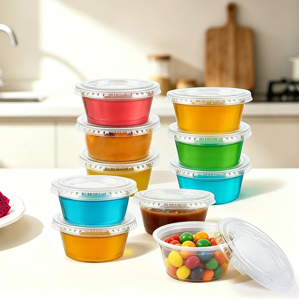 360 Set 2 oz Jello Shot Cups with Lids, Small Plastic Condiment Cups
