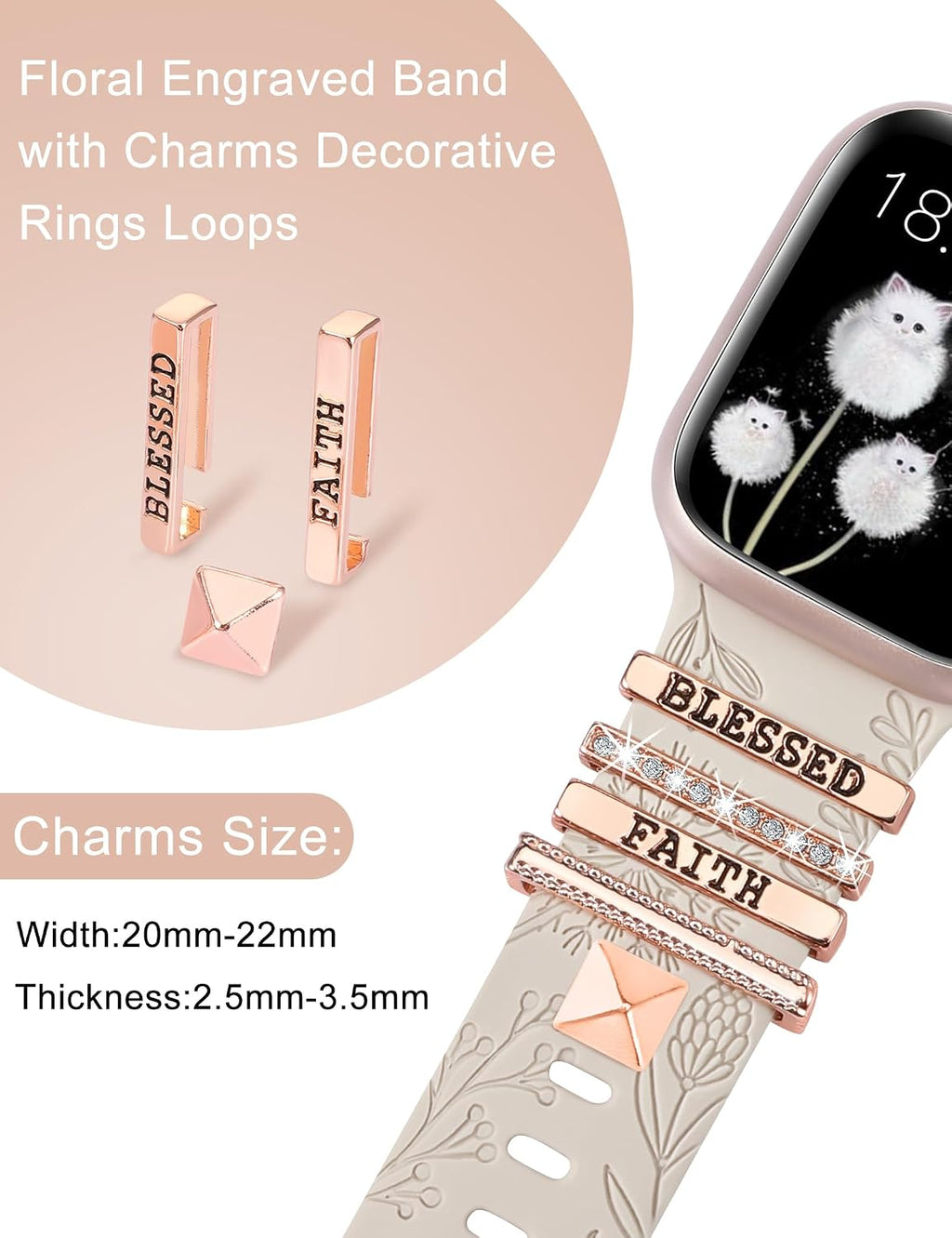 Compatible with Apple Watch Band with Charms 38/40/41/42mm Women, Decorative Ring Loop Floral Engraved Silicone Strap