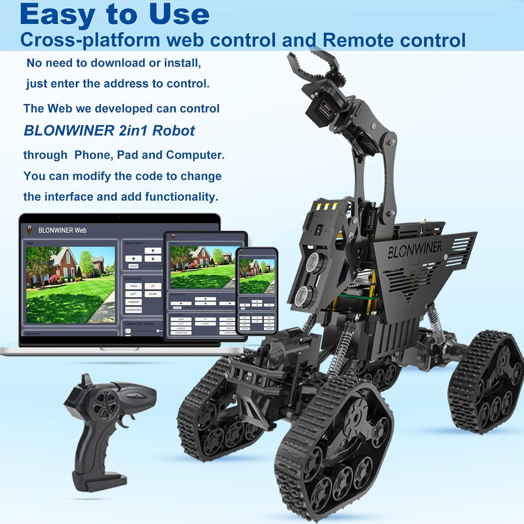 Robot Car Kit, 2 in 1 Smart Robotics Arm Building Toy for Raspberry Pi Python Coding, STEM Programming Tank Kits with