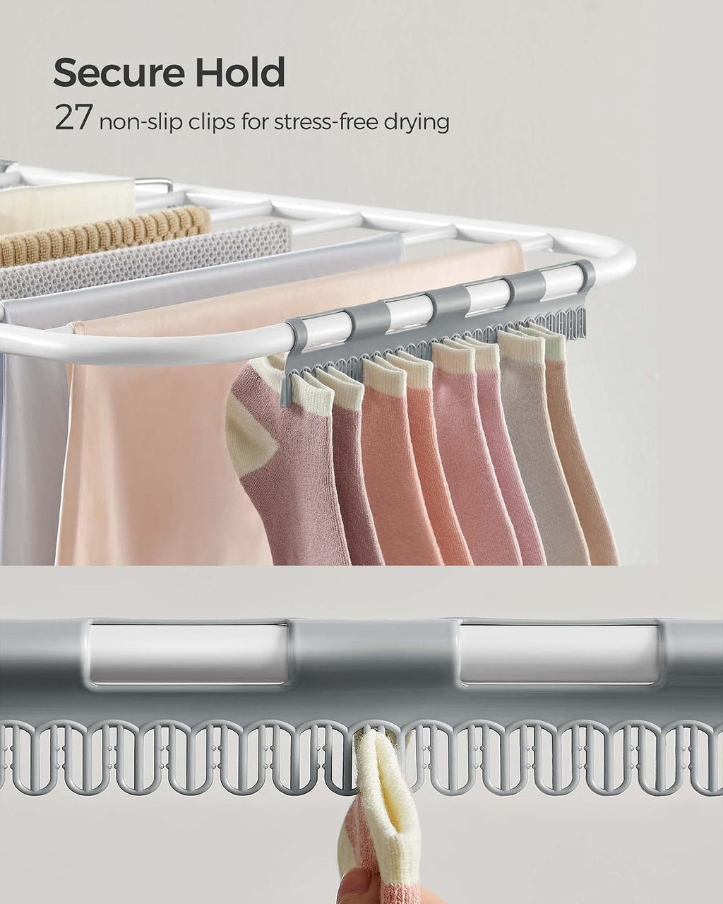 Clothes Drying Rack, with Sock Clips, Metal Laundry Rack, Foldable, Space-Saving, Free-Standing Airer, with 2