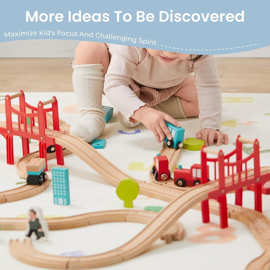 39 Pcs Wooden Train Set for Toddler with Wooden Tracks | Compatible with Major Brands, Expandable, Changeable Train