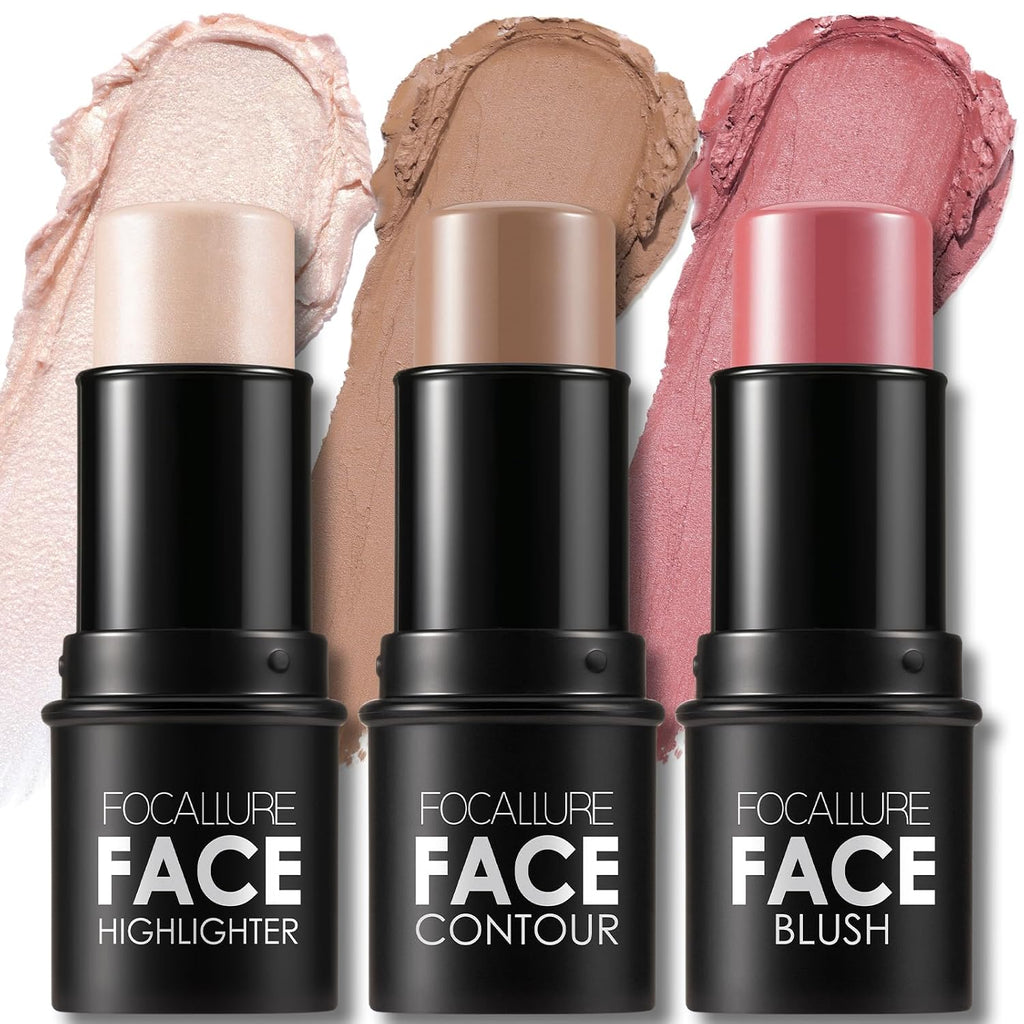 3Pcs Cream Contour Blush Highlighter Stick Set, Light-Medium