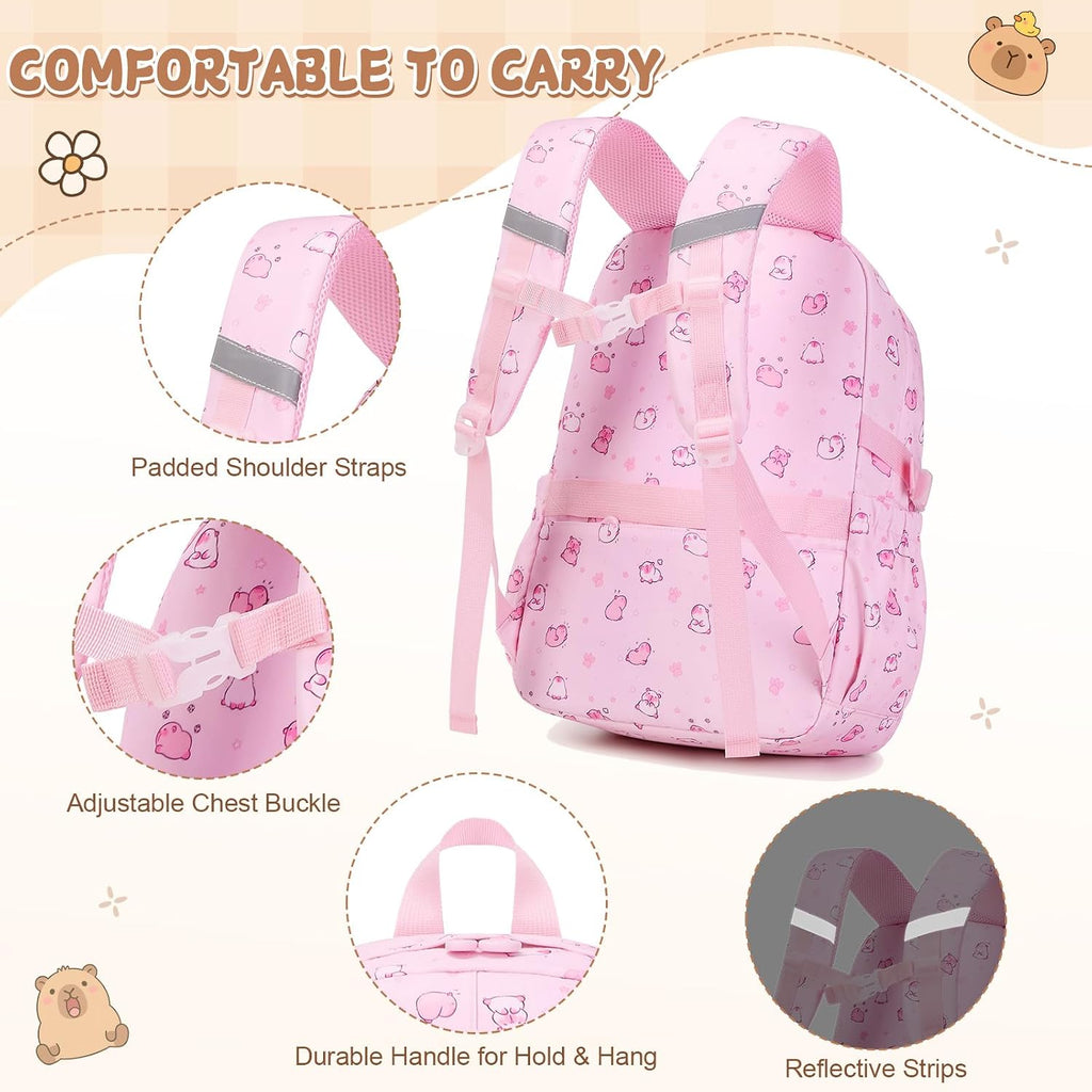 Capybara Theme Backpack for School Girls, 35PCS Kids Backpack Set with School Supplies Stationery Kit Lunch Box