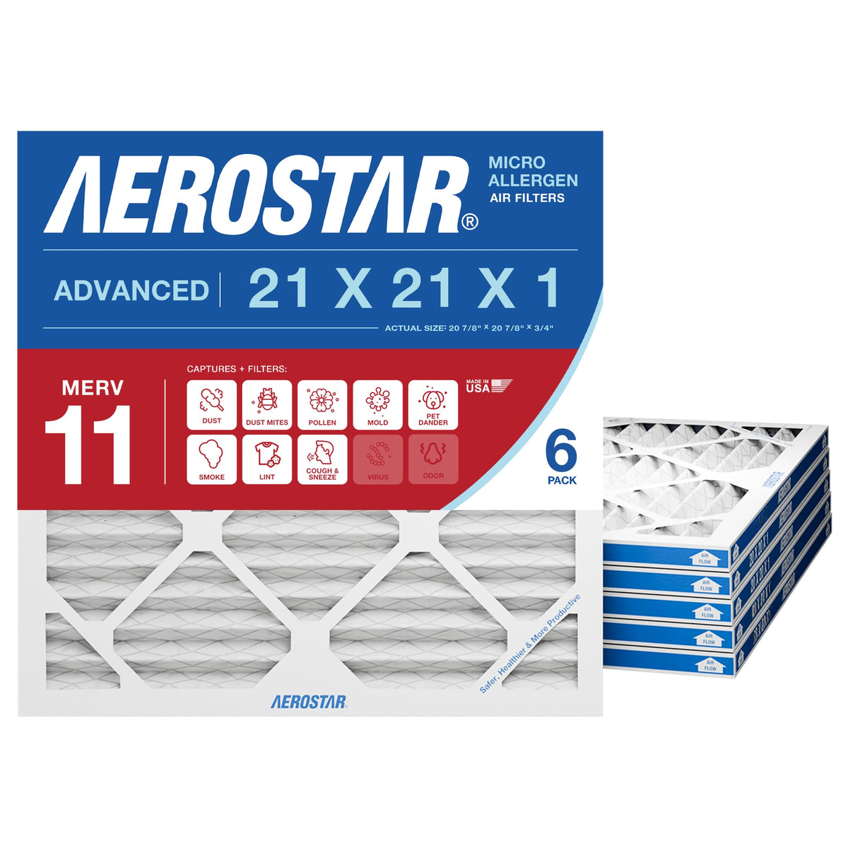 Air Filter 21x21x1 MERV 11 AC Filter, HVAC, Furnace Filter, 6 Pack