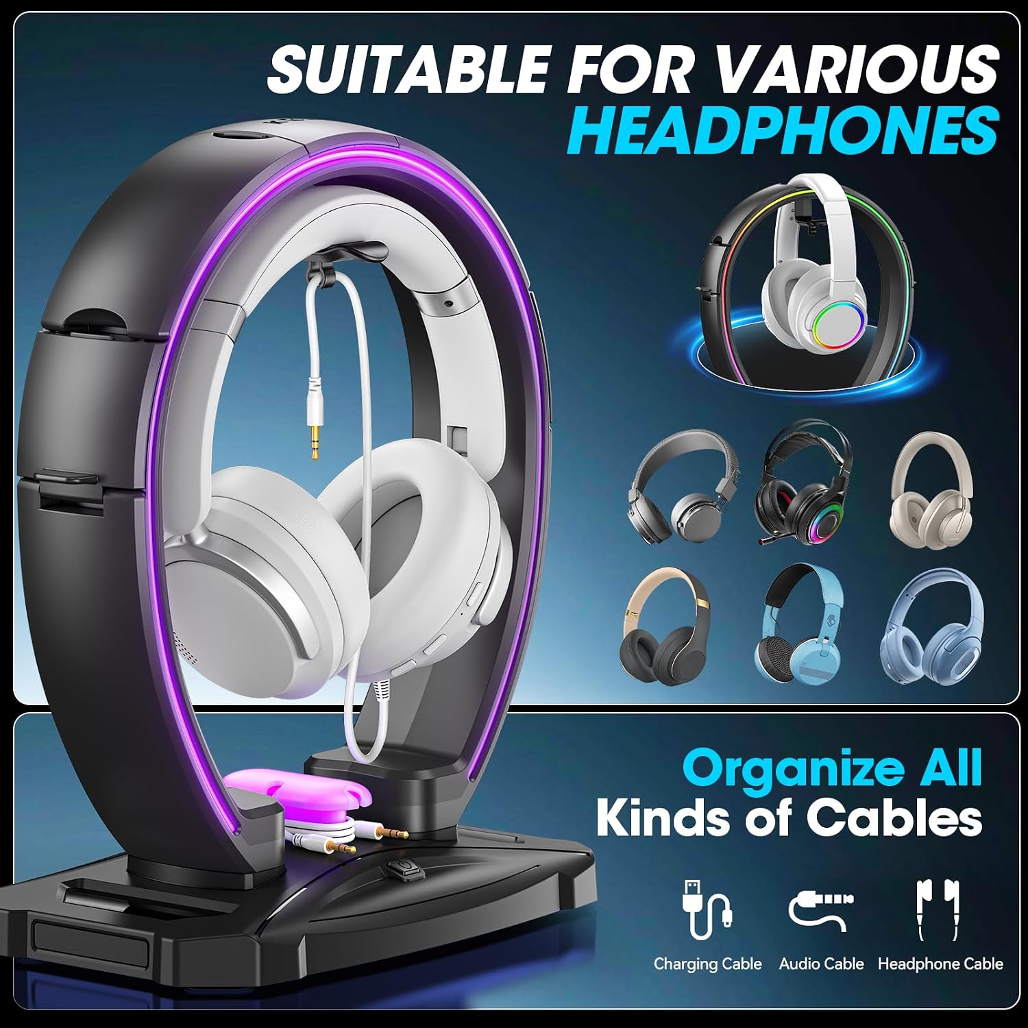 RGB Headphone & Controller Stand with 9 Light Modes - Foldable Controller Hanger for Desk - Earphone Stand with Cable