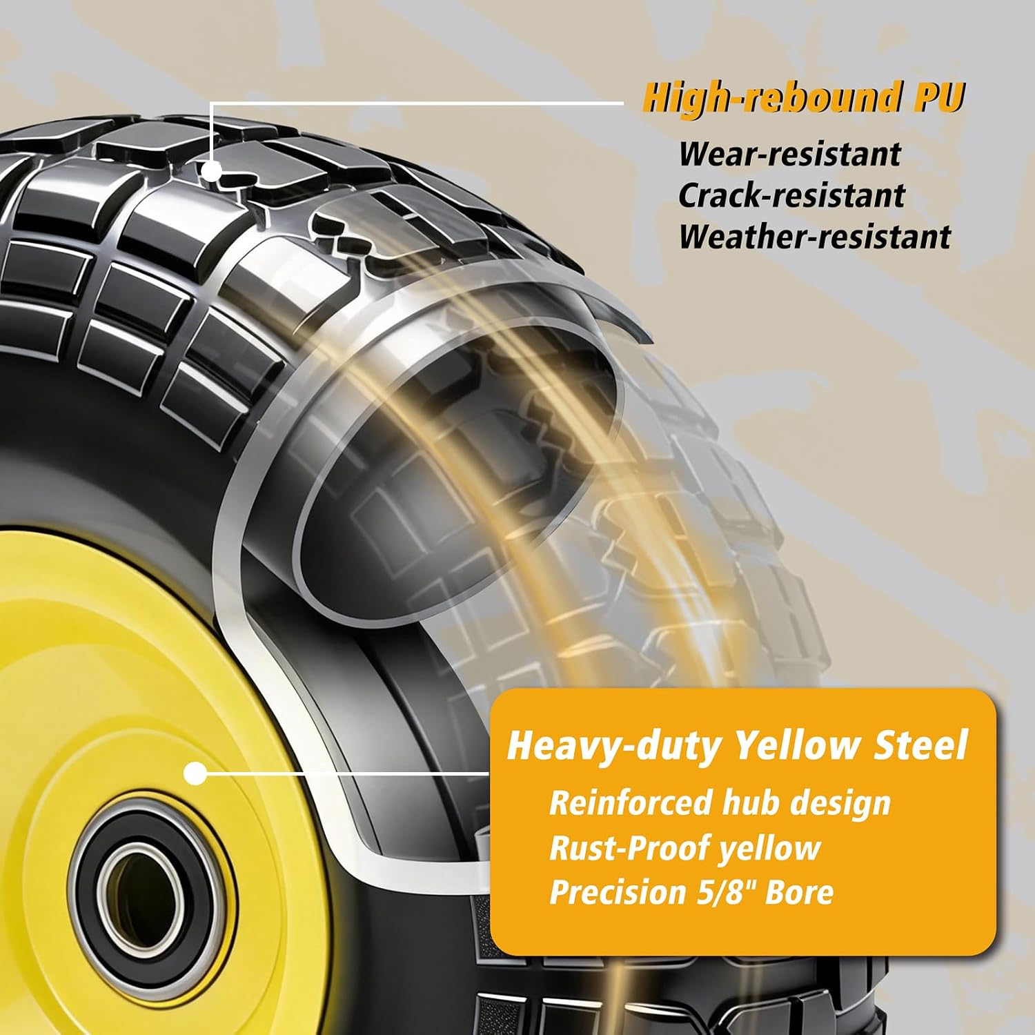 13 Inch 4.00-6 Flat Free Tire and Wheel Replacement for Gorilla Cart with 5/8" & extra 3/4" Bearings, 4.00-6