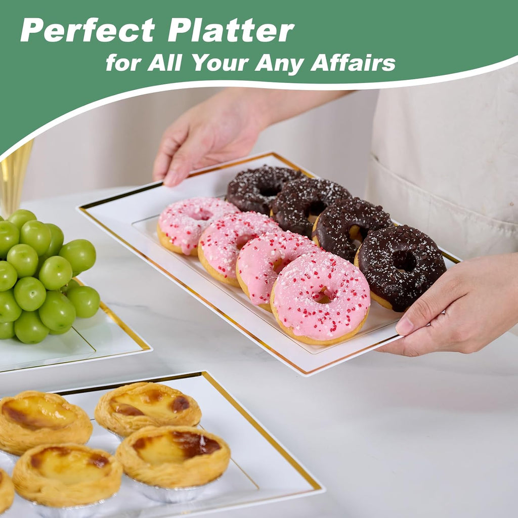 8 PCS Plastic Serving Trays for Party, White Gold Rim Platters