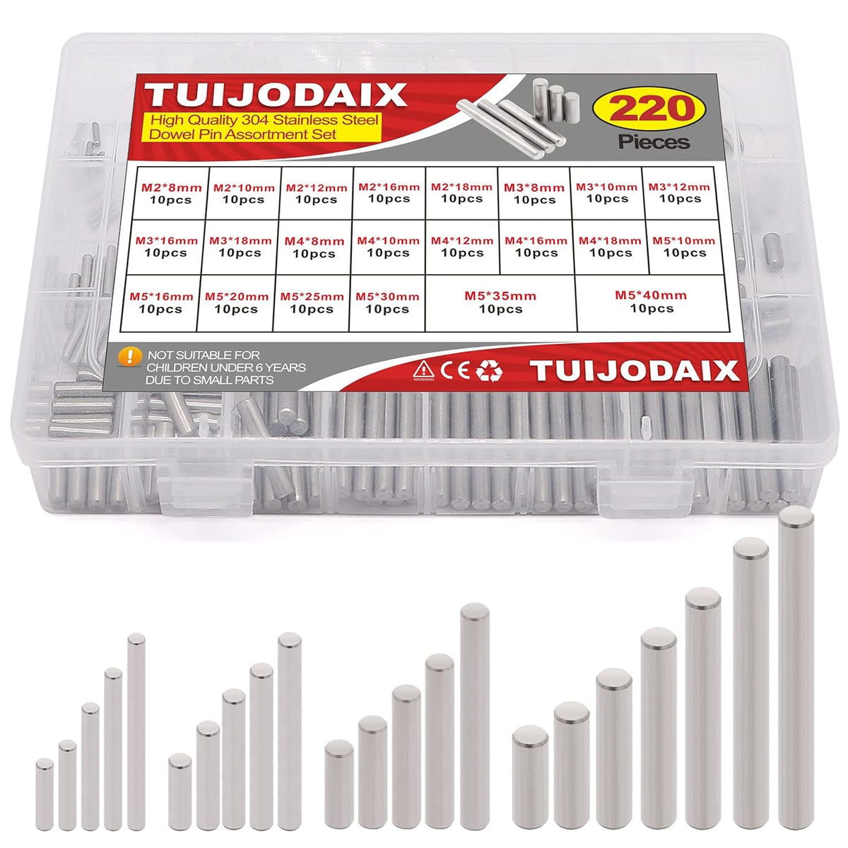 220Pcs 304SS Dowel Pin Assortment Kit M2-M5 Shelf Support Pins