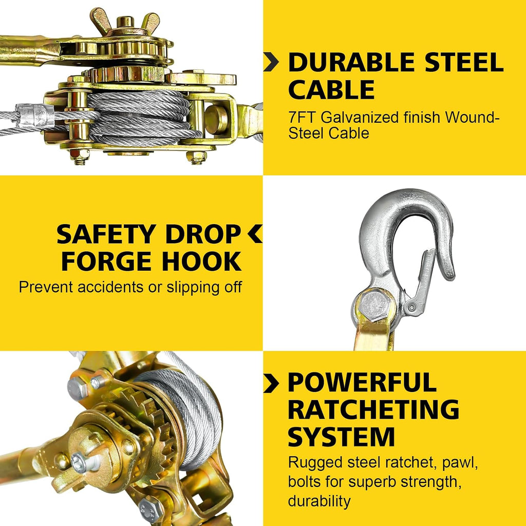 Come Along Winch Puller 3T 10FT, Cable Hoist Winch Puller with 2 Hooks, Come Along Tool Heavy Duty, Ratchet Puller