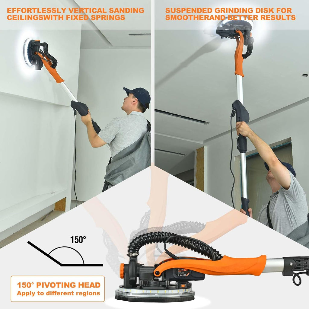 Drywall Sander with Vacuum Dust Collection, 6 Variable Speed Foldable Telescopic Electric Wall Sander, Popcorn