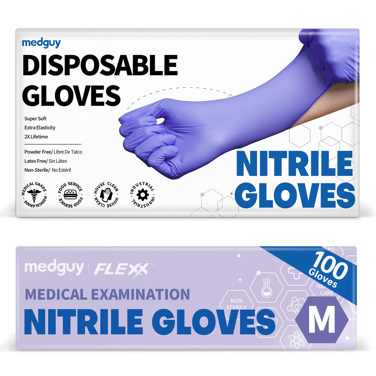 Flexx Nitrile Disposable Gloves, 4.2 Medical Exam Blue Violet 100 M
