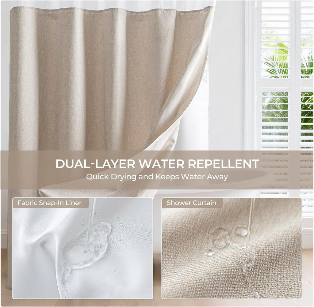 Linen Textured No Hooks Shower Curtain with Liner,Linen,71x74 | Mesh Top Window,with Snap-in Liner,Heavy Duty