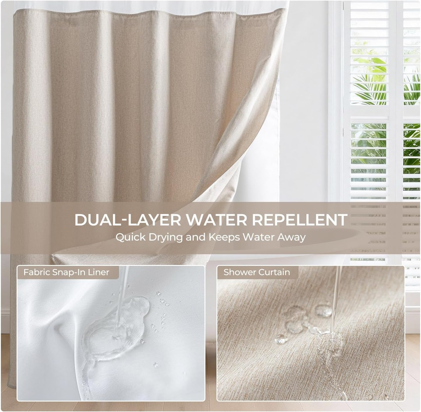 Linen Textured No Hooks Shower Curtain with Liner,Linen,71x74 | Mesh Top Window,with Snap-in Liner,Heavy Duty