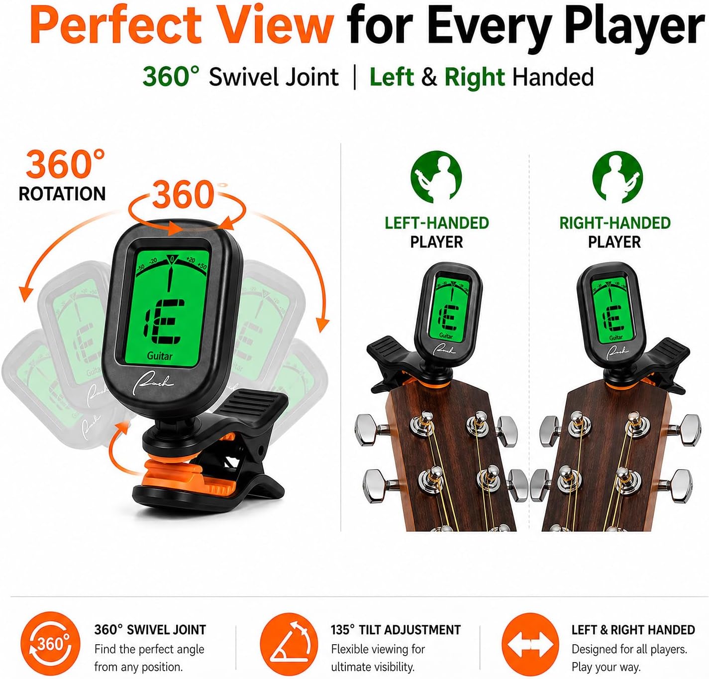 Clip-On Tuner for Guitar Bass Ukulele Violin Banjo - Chromatic | Vibration-Based Noise Immunity, 360° Rotatable