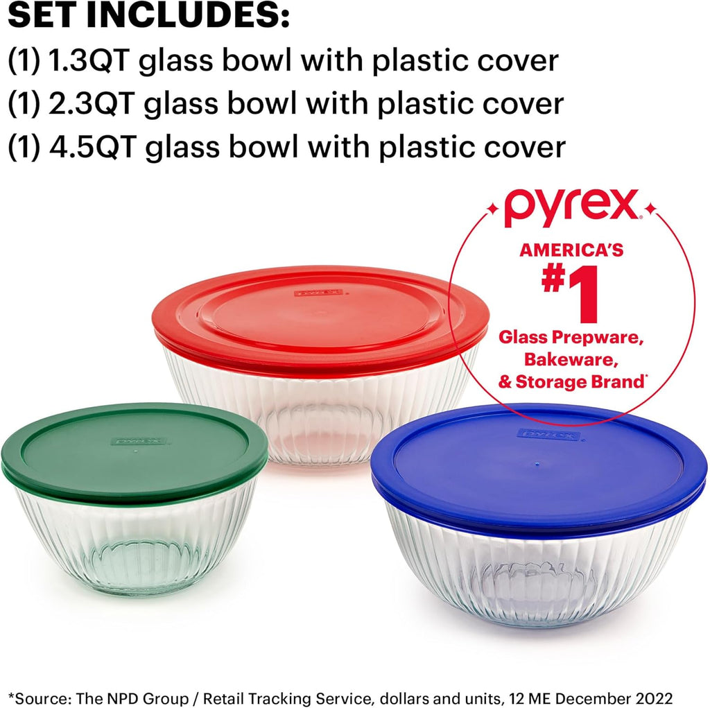 Sculpted (3-Pack) Glass Mixing Bowls Set With Plastic Lids For Prepping, Baking and Cooking, Preheated Oven