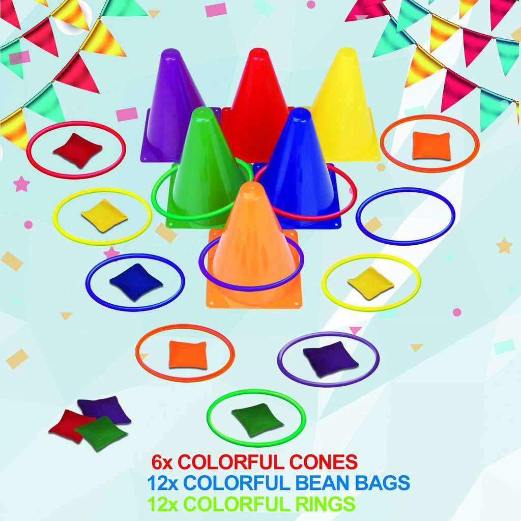 31PCS 3 in 1 Carnival Outdoor Games Combo Set for Kids, Soft Plastic Cones Bean Bags Ring Toss Game, Gift for