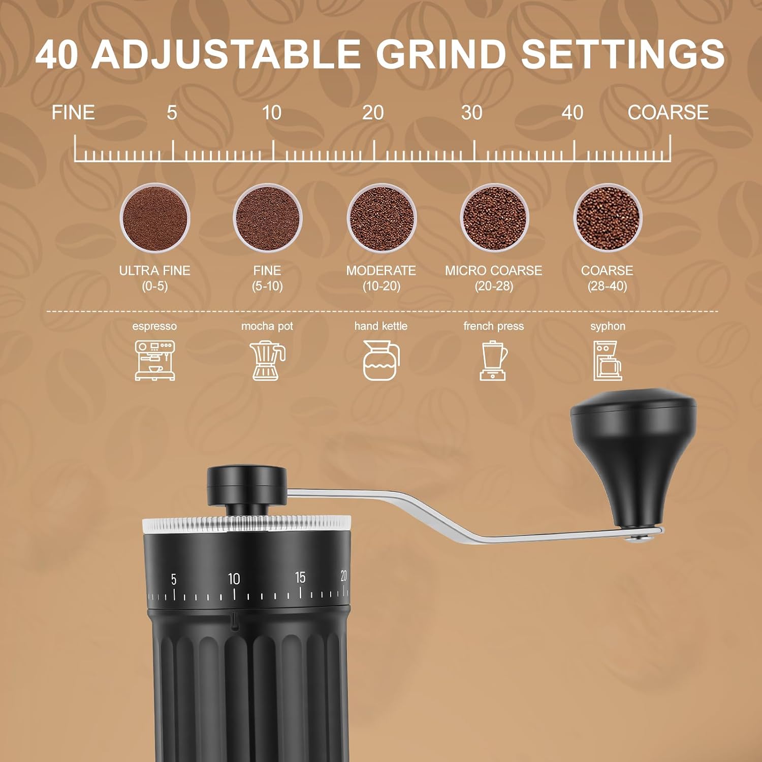 Manual Coffee Grinder with Conical Burr, 40 Adjustable Settings, 30g Capacity, Portable for Espresso, French Press