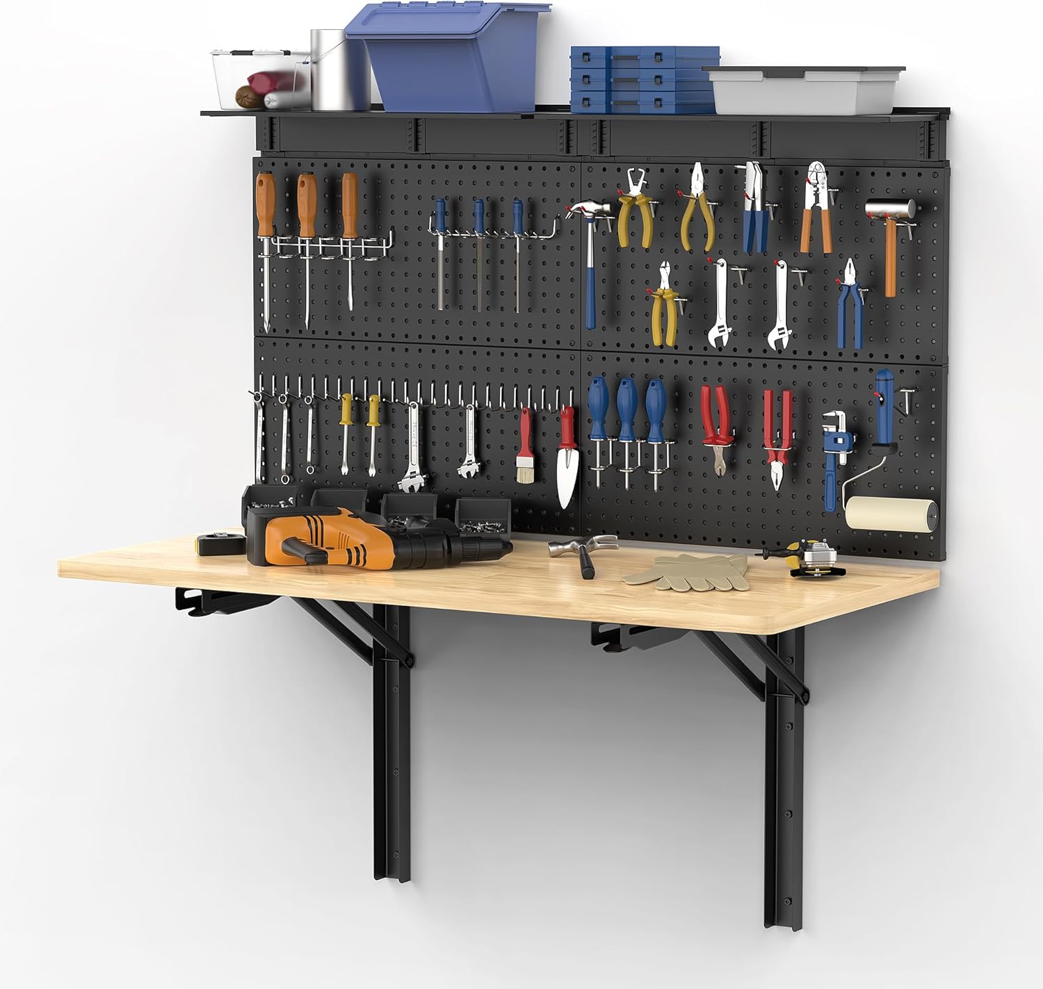 Wall Mounted Workbench with Pegboard, Folding Down Work Table | Metal Pegboard Wall Organizer for Garage Storage