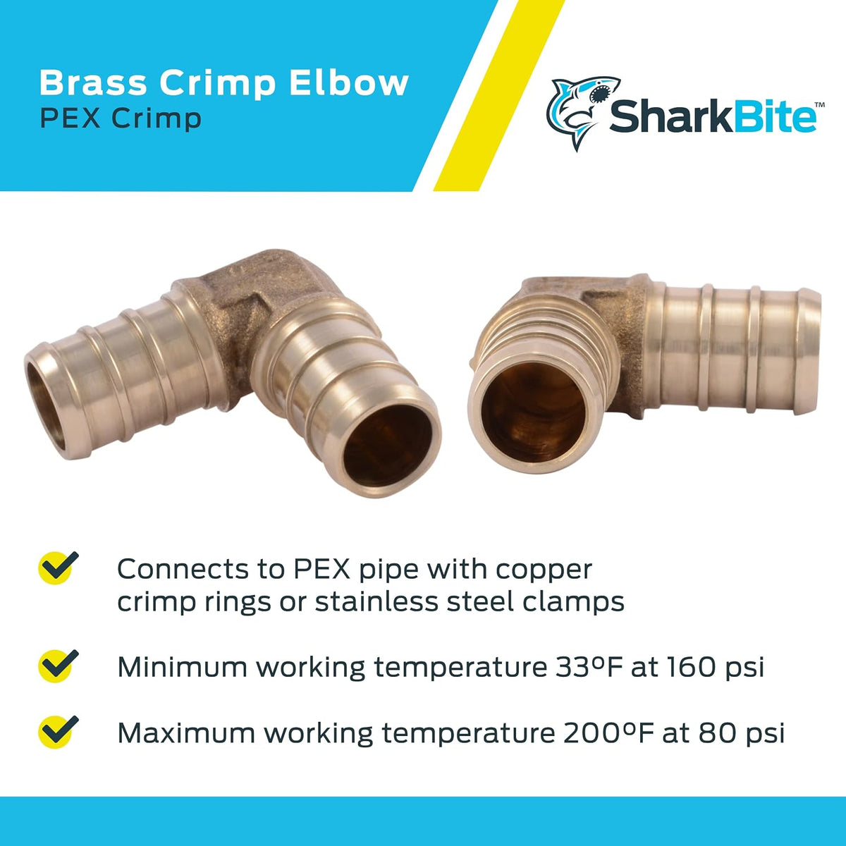 SharkBite 1 Inch Crimp 90 Degree Elbow, Brass Plumbing Fitting, PEX Pipe, PE-RT, UC260LFA