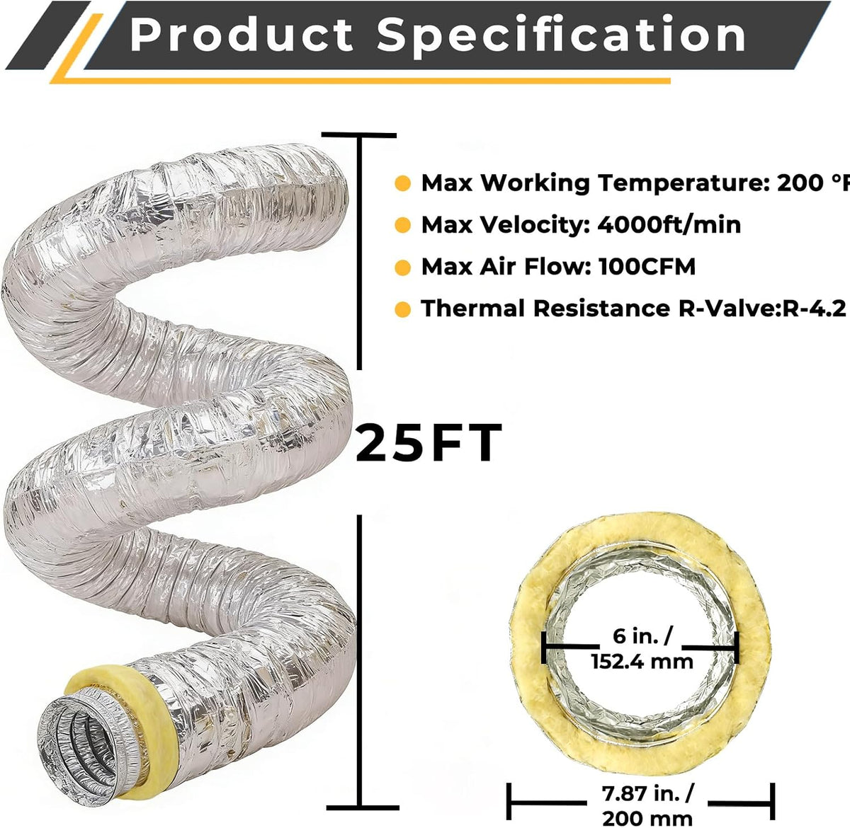 TTFLEX 6 Inch Insulated Flexible Duct Hose 25 FT Heavy-Duty HVAC Ducting | Reinforced Foil + Steel Spiral, Durable