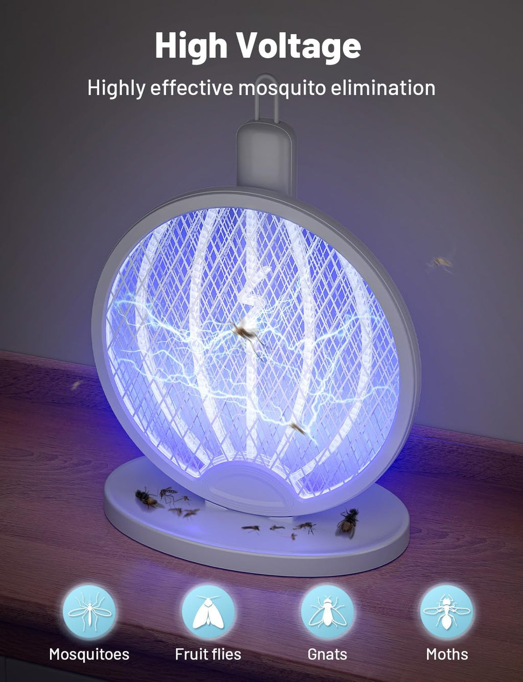 2 in 1 Mosquito Killer Racket, 4000V Foldable Electric Fly Swatter | Charging Base & Attractant Light, Rechargeable
